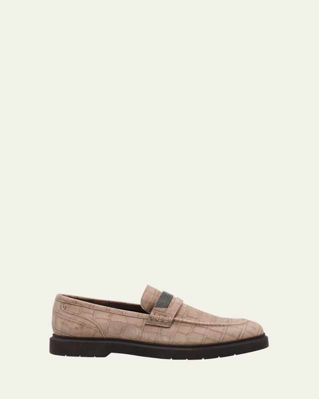 Croc-Embossed Suede Monili Penny Loafers
